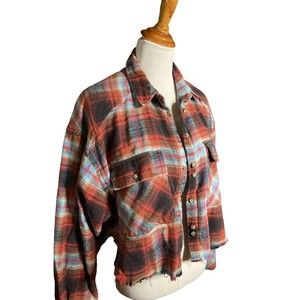 BDG Urban Outfitters Large Oversized Blue Orange Green Cropped Plaid Flannel Top
